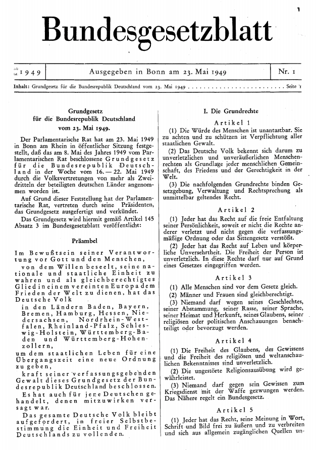 Ausschnitt der 1. Ausgabe des BGBl Teil 1 vom 23. Mai 2949